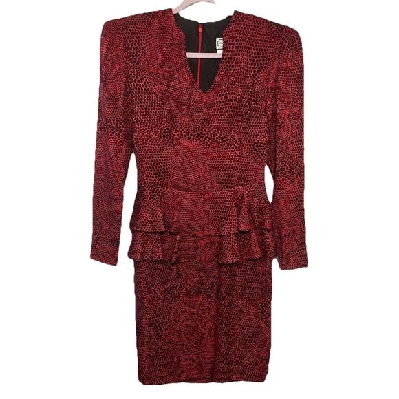 Vintage Carolina Herrera for Neiman Marcus Peplum Silk Dress Size 6 Burgundy Blk - Picture 1 of 5